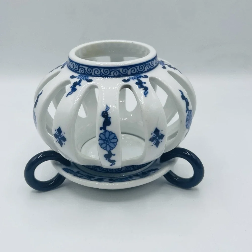 Vintage Bombay Hand painted Porcelain Votive Candle Holder Reticulated Pierced